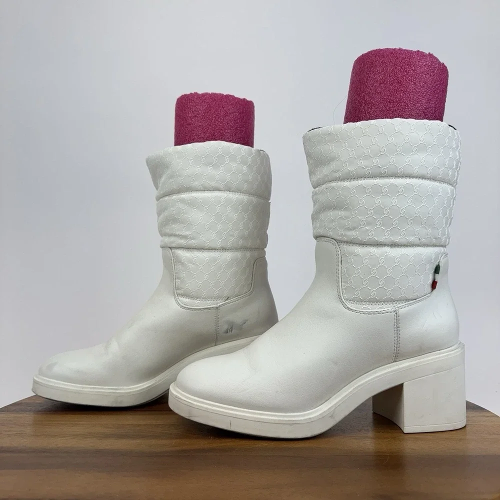 Womens Franco Sarto L-Snow White Faux Leather Block Heel Waterproof Boots Size 7
